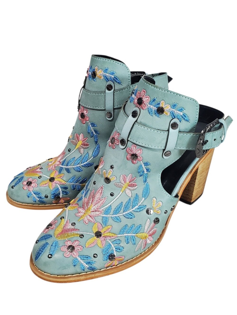 Flowers And Rivets Chunky Heel Embroider Ankle Boot Size 9 Cottagecore Boho